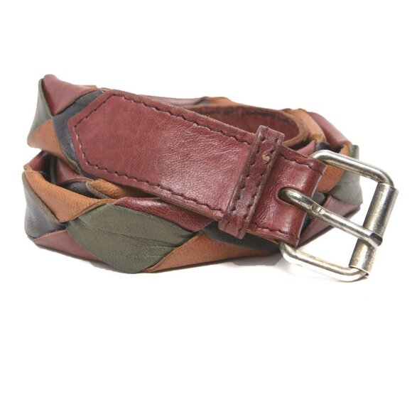 Vintage Vacher France Leather Belt Patchwork Diamond 80s Soft Brown Yellow Green - Picture 1 of 9
